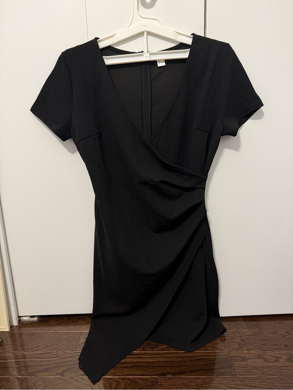 Women's Elegant Short Sleeve V Neck Solid Surplice Wrap Slim Fit Dress Black - L